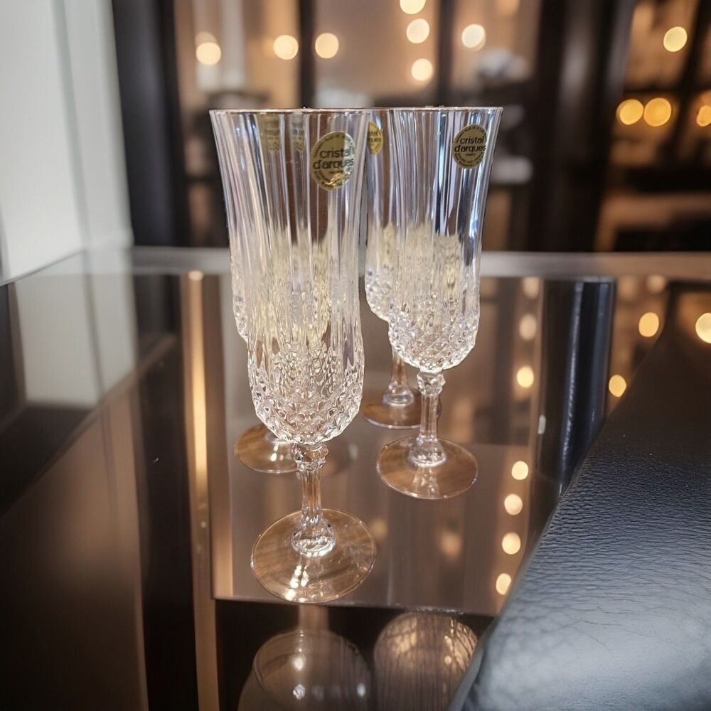 Set Of 4 Crystal D'Arques Durand Champagne Flutes Longchamp France